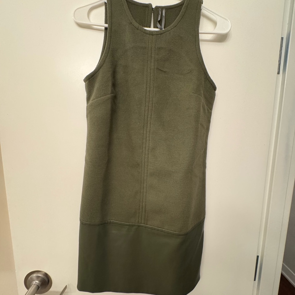 Anthropologie Olive Green Sleeveless Shift Dress Faux Leather